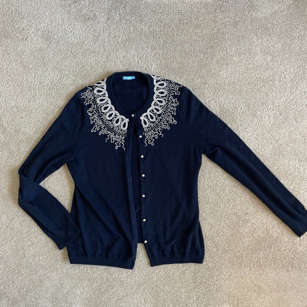J. MCLAUGLIN Blueblack Ctn/Modal Embellished Cardigan Size Medium